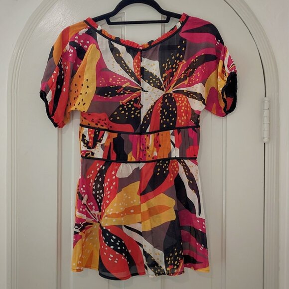 MARCIANO Silk & Cotton Tropical Print Fuchsia Orange.Floral Puff Sleeve Top, XS - Picture 6 of 6